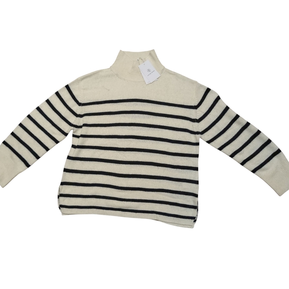Anine Bing Courtney Cashmere‎ Turtleneck Ivory Black Stripe Luxury Sweater Small